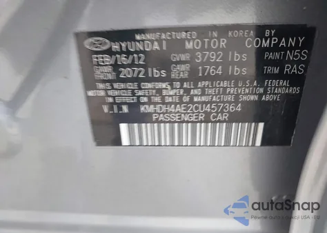 2012 Hyundai Elantra Gls (Ulsan Plant) z USA, uszkodzony, nr VIN KMHDH4AE2CU457364